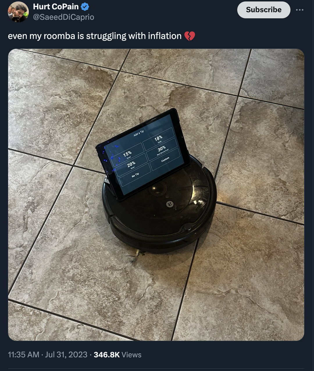 screenshot - Hurt CoPain even my roomba is struggling with inflation Views 10% 10% 20% 30% Subscribe